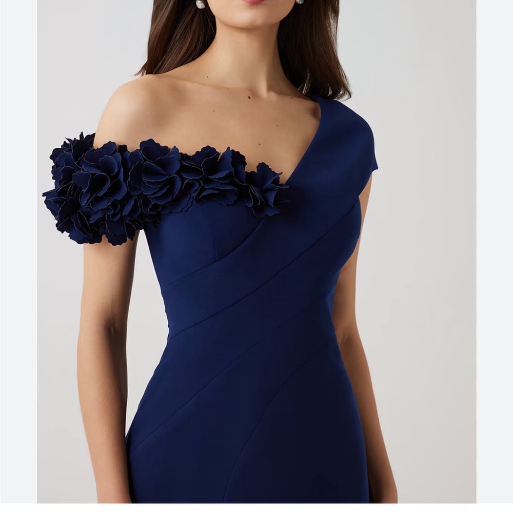 Rickie Freeman for Teri Jon One-Shoulder Navy Gown with Floral Sleeve